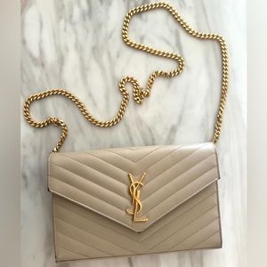 YSL Monogram Large Wallet on Chain in Grained Leather in Beige